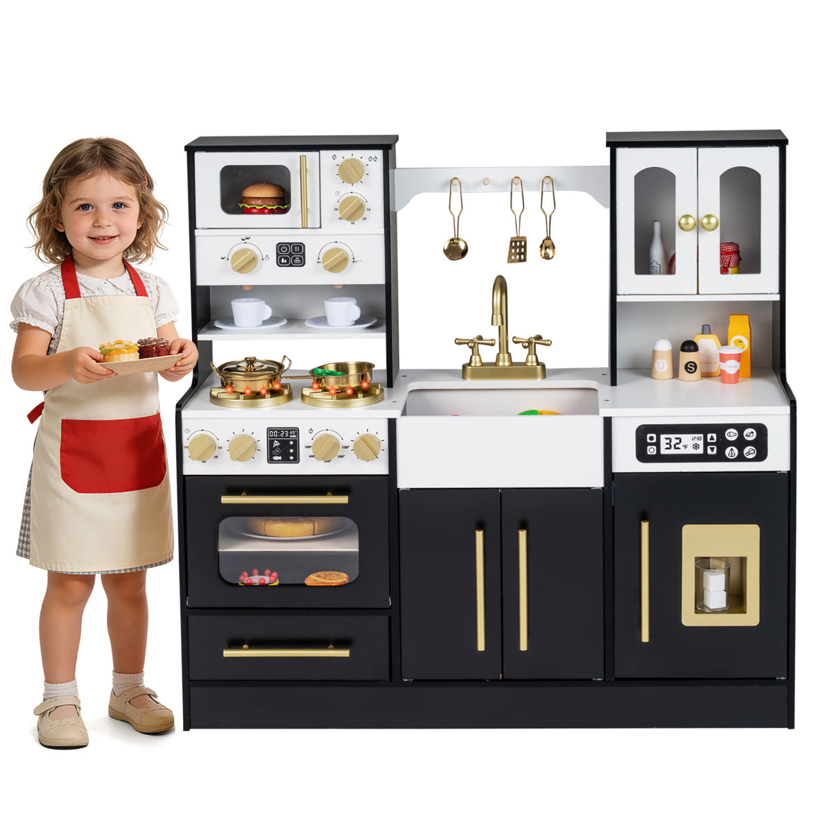 Wooden Kids Kitchen Playset with Realistic Lights and Sounds-Black