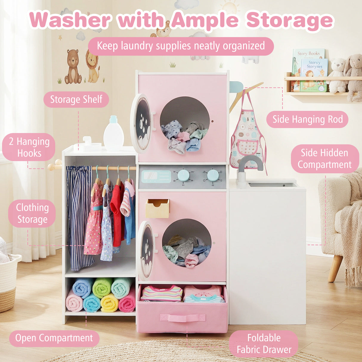 Wooden Kids Laundry Playset with Laundry Detergent Bottle and Clothes Hangers-Pink