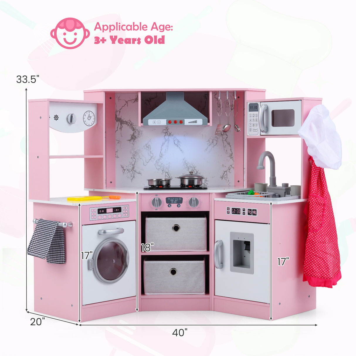 Wooden Kids Play Kitchen Playset with Realistic Lights and Sounds-Pink