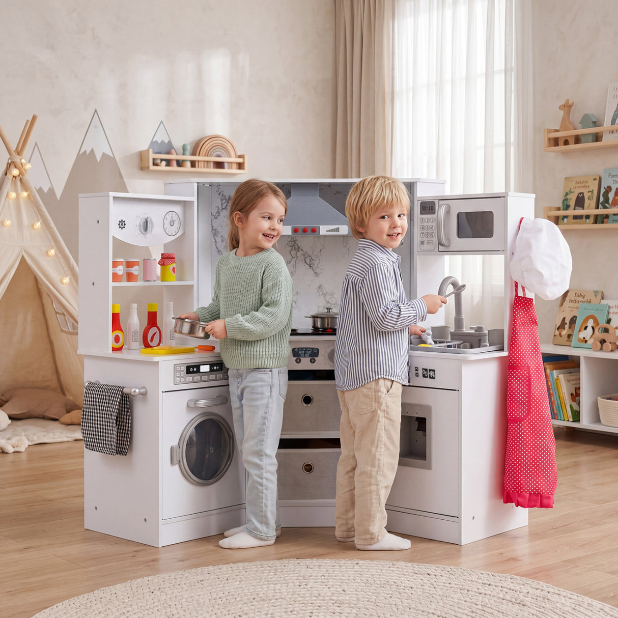 Wooden Kids Play Kitchen Playset with Realistic Lights and Sounds-White