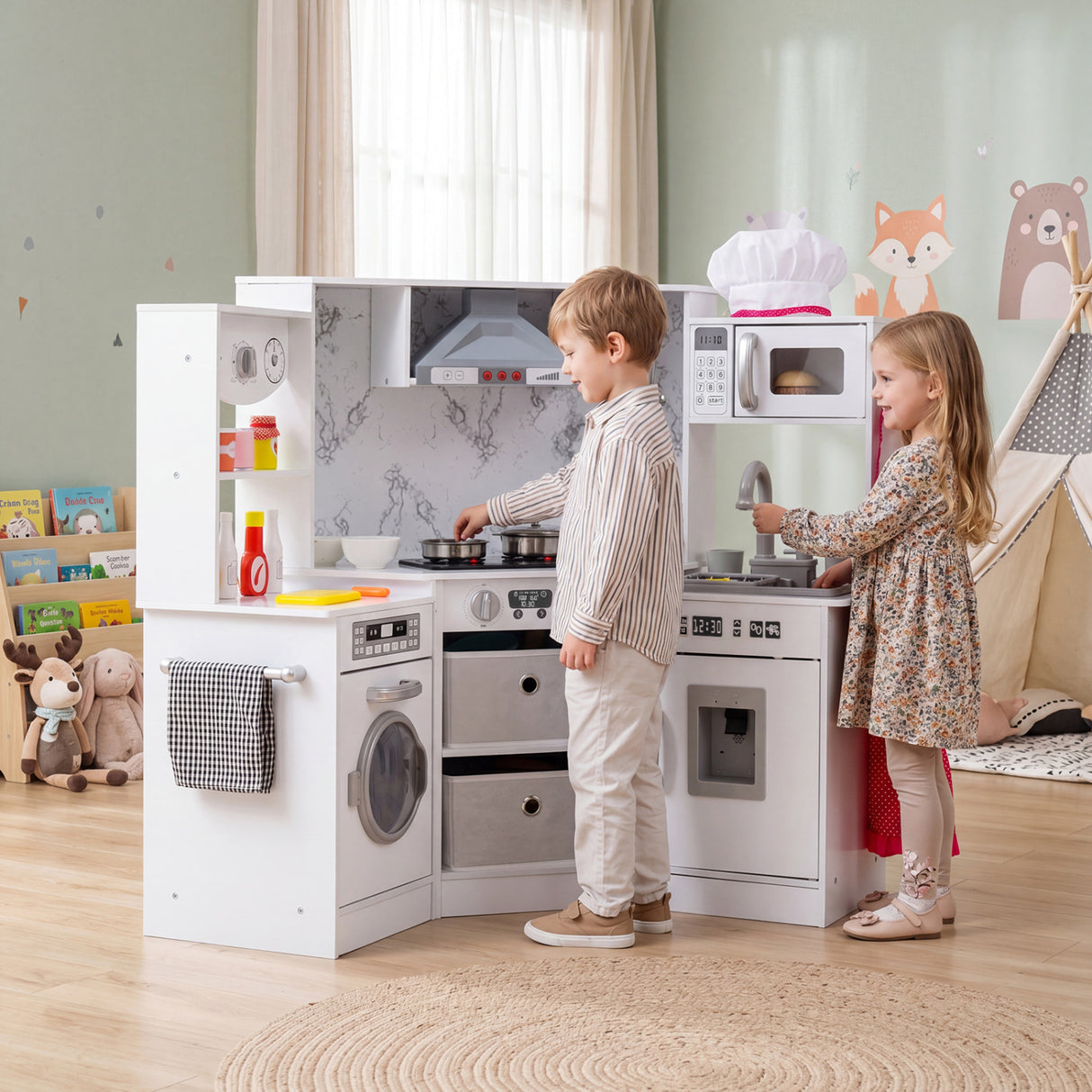 Wooden Kids Play Kitchen Playset with Realistic Lights and Sounds-White