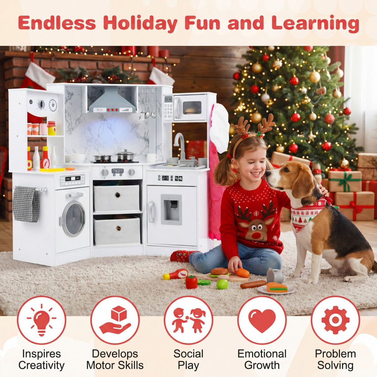 Wooden Kids Play Kitchen Playset with Realistic Lights and Sounds-White