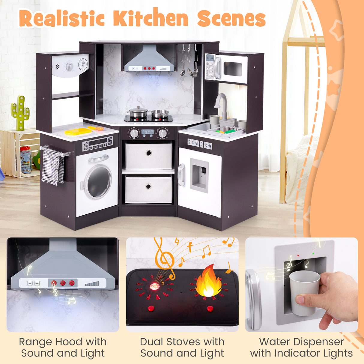 Wooden Kids Play Kitchen Playset with Realistic Lights and Sounds-Coffee
