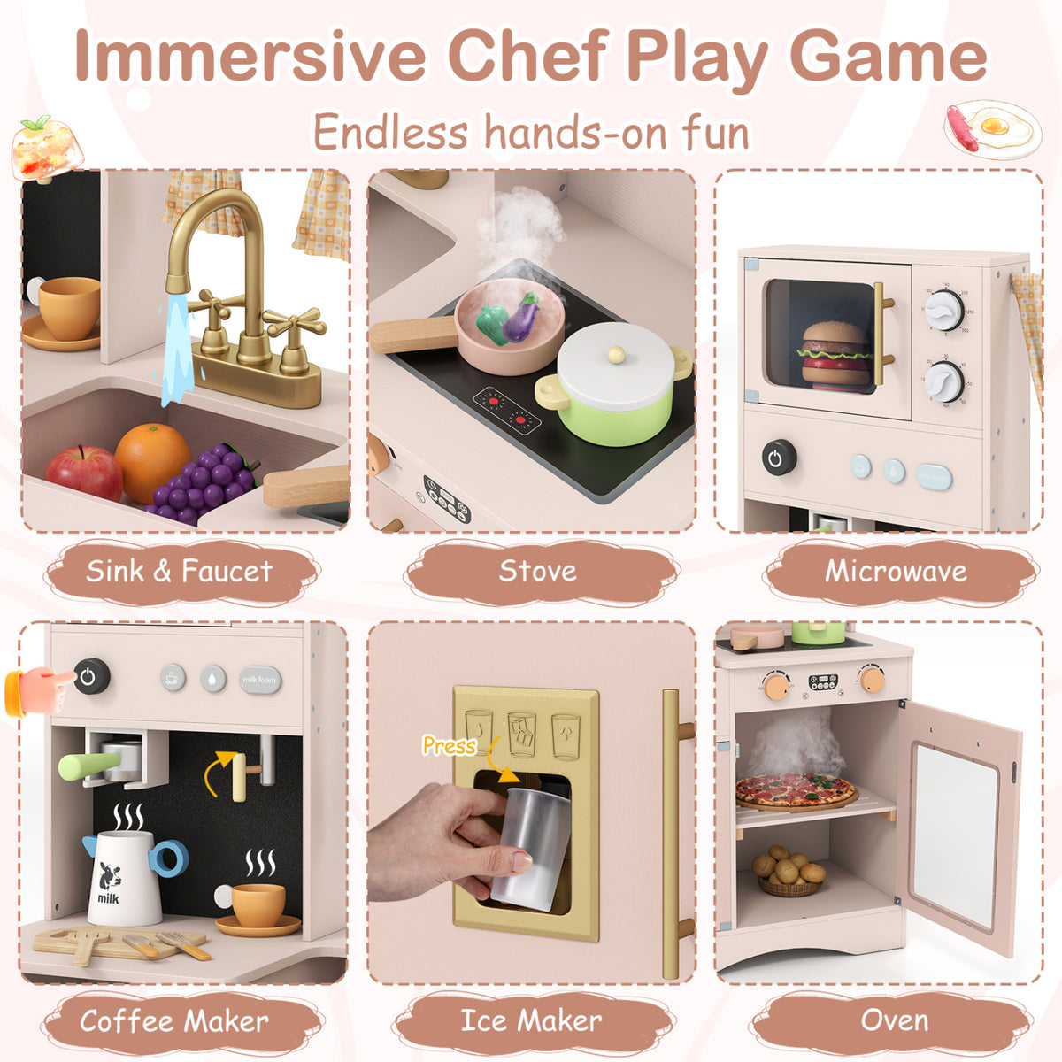 Wooden Kids Pretend Play Toy Kitchen with Microwave and Coffee Maker for Boys & Girls Ages 3+-Pink