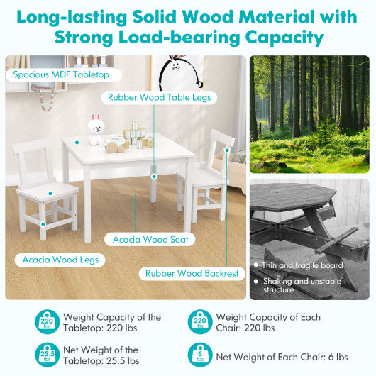 Wooden Kids Table and 2 Chairs Set with Anti-slip Foot Pads-White