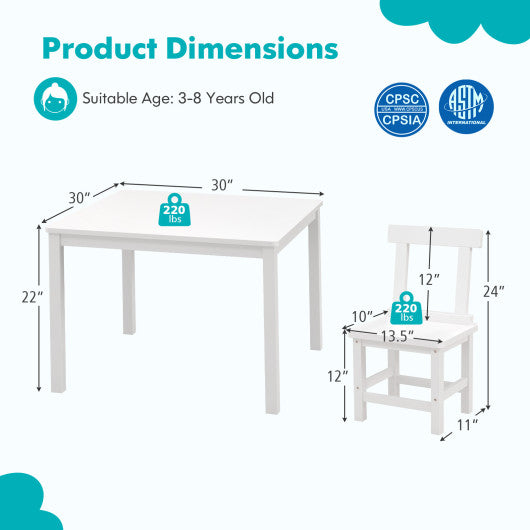 Wooden Kids Table and 2 Chairs Set with Anti-slip Foot Pads-White