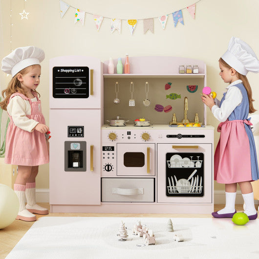 Wooden Kids Kitchen Playset with Chalkboard Ice Maker Sink Lighted Microwave-Pink