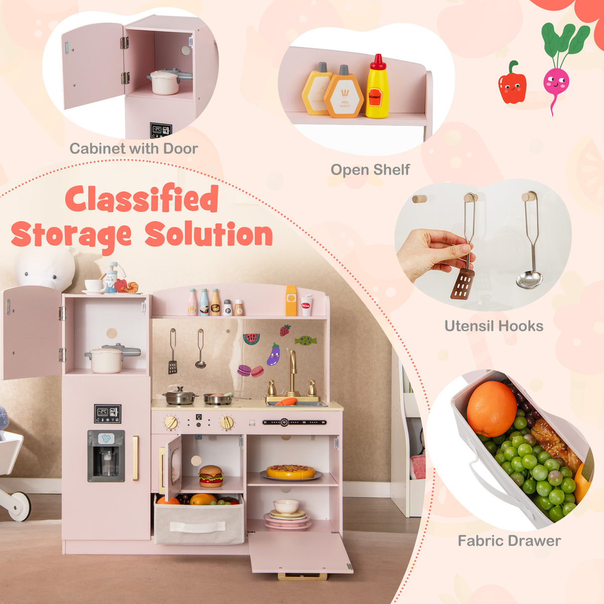 Wooden Kids Kitchen Playset with Chalkboard Ice Maker Sink Lighted Microwave-Pink