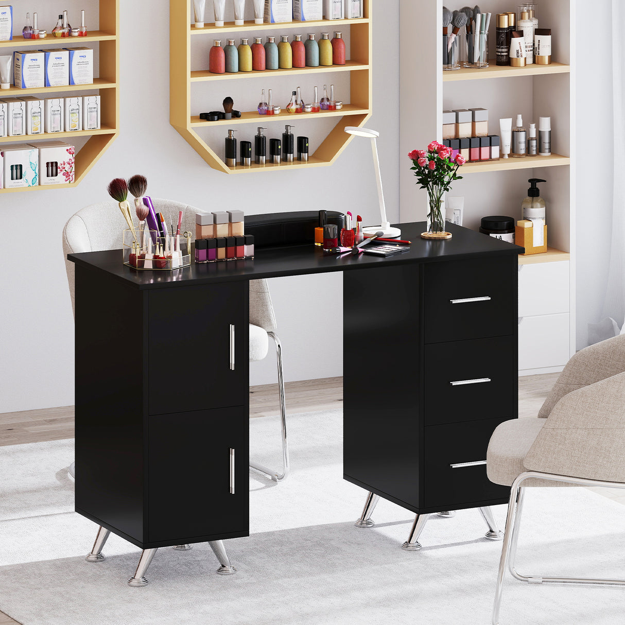 Wooden Manicure Table Nail Desk with Drawers Wrist Rest-Black