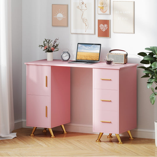 Wooden Manicure Table Nail Desk with Drawers Wrist Rest-Pink