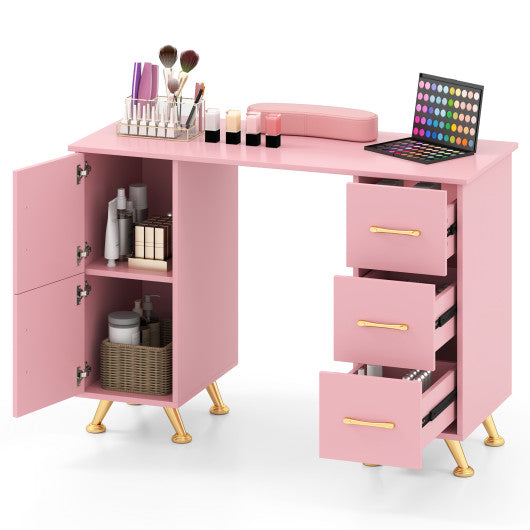 Wooden Manicure Table Nail Desk with Drawers Wrist Rest-Pink