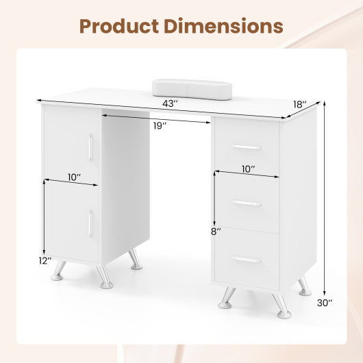 Wooden Manicure Table Nail Desk with Drawers Wrist Rest-White