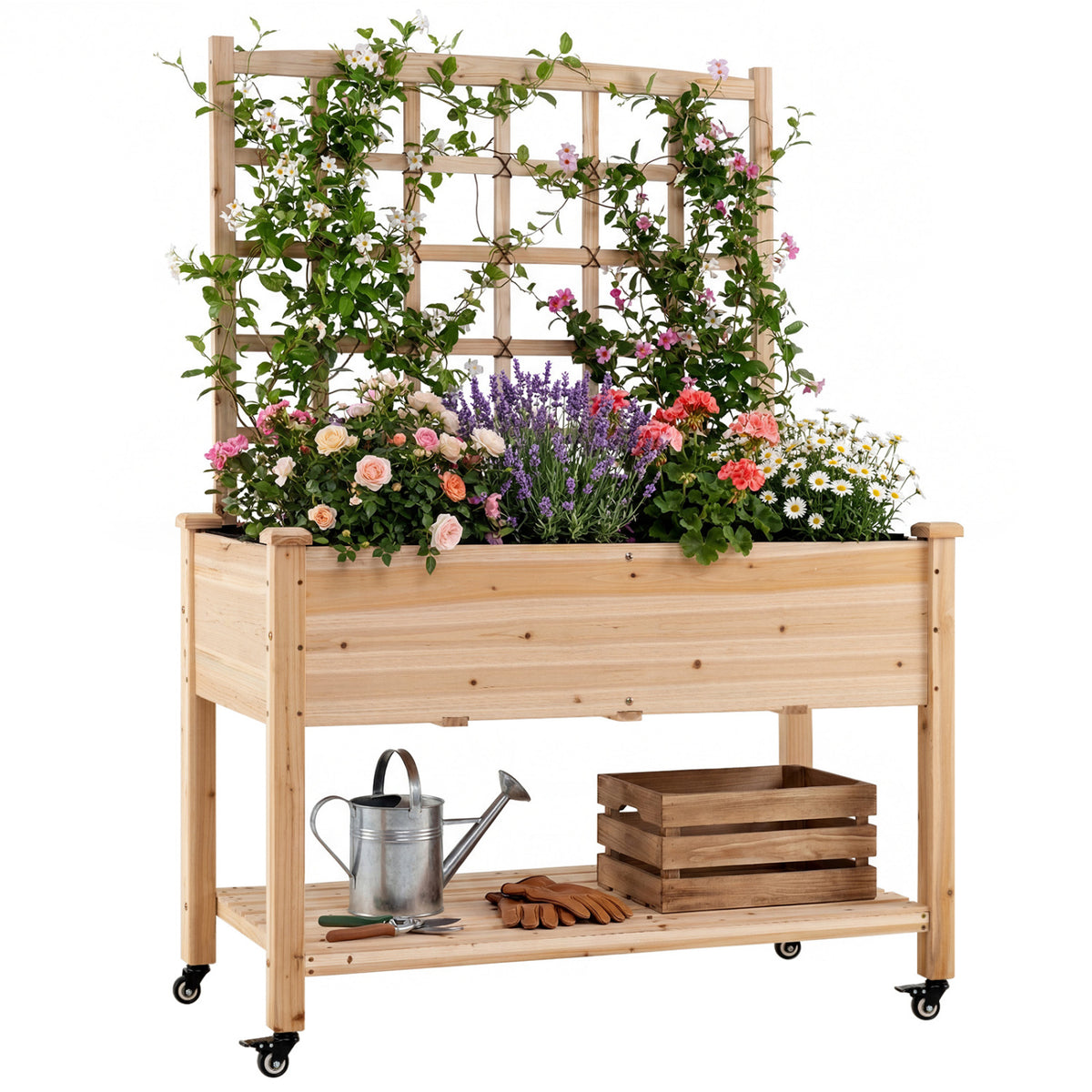 Wooden Mobile Raised Garden Bed on Wheels with Trellis-Natural