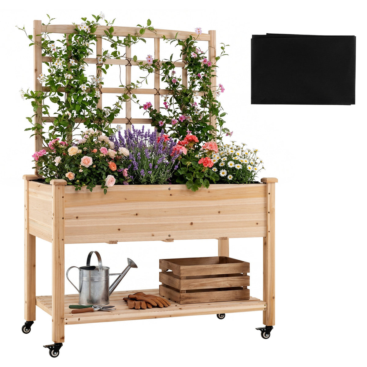 Wooden Mobile Raised Garden Bed on Wheels with Trellis-Natural