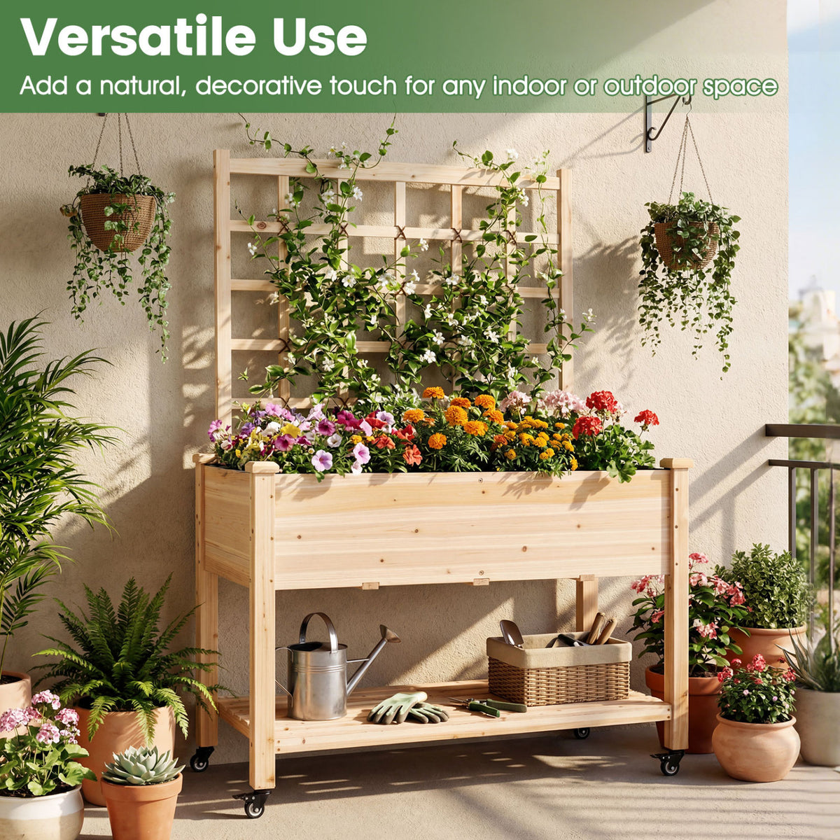 Wooden Mobile Raised Garden Bed on Wheels with Trellis-Natural
