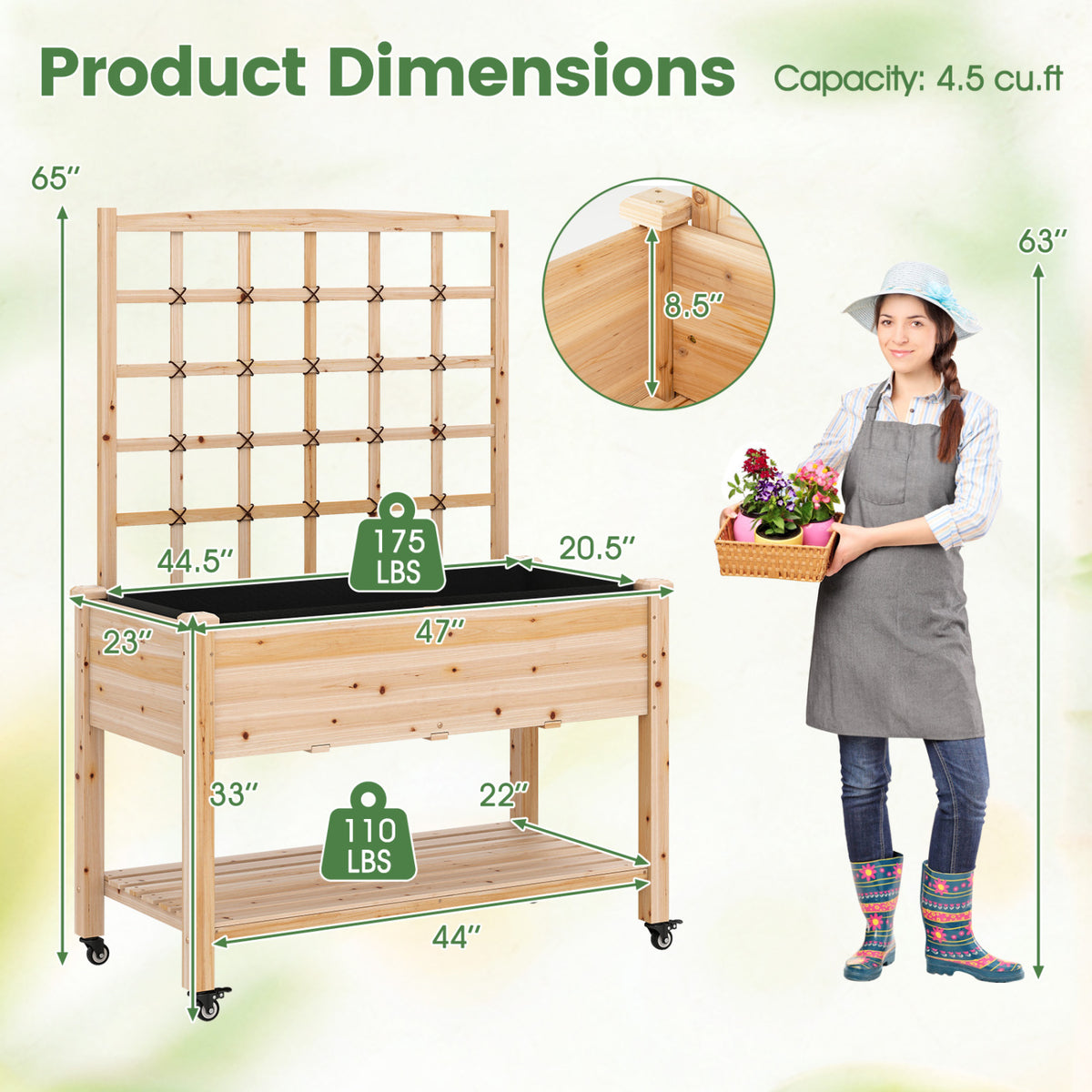 Wooden Mobile Raised Garden Bed on Wheels with Trellis-Natural