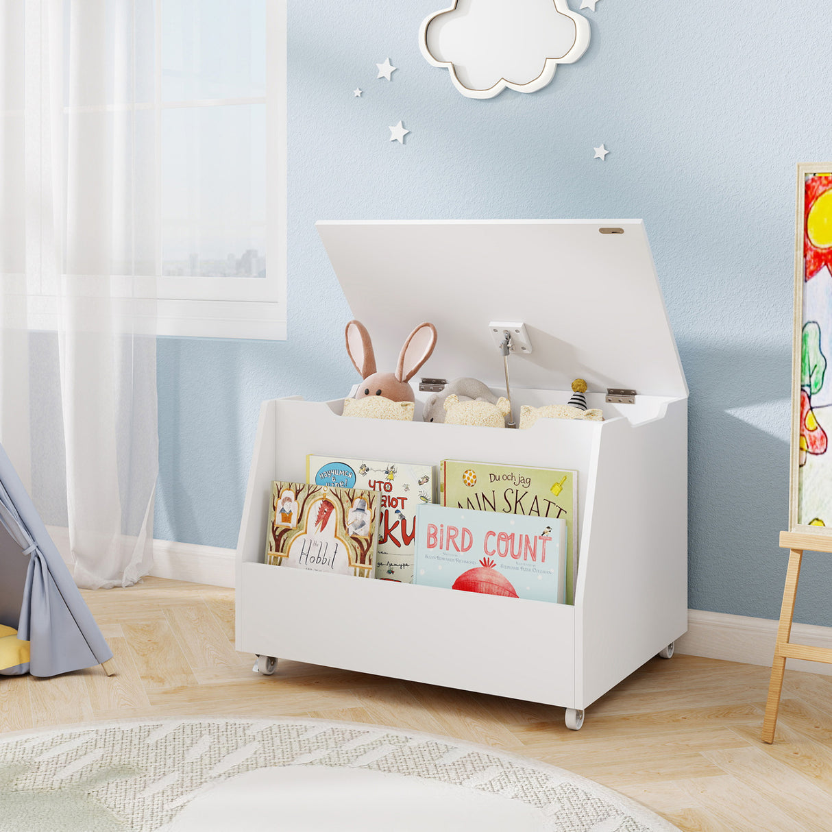 Wooden Mobile Toy Storage Organizer with Bookshelf and Lockable Wheels-White