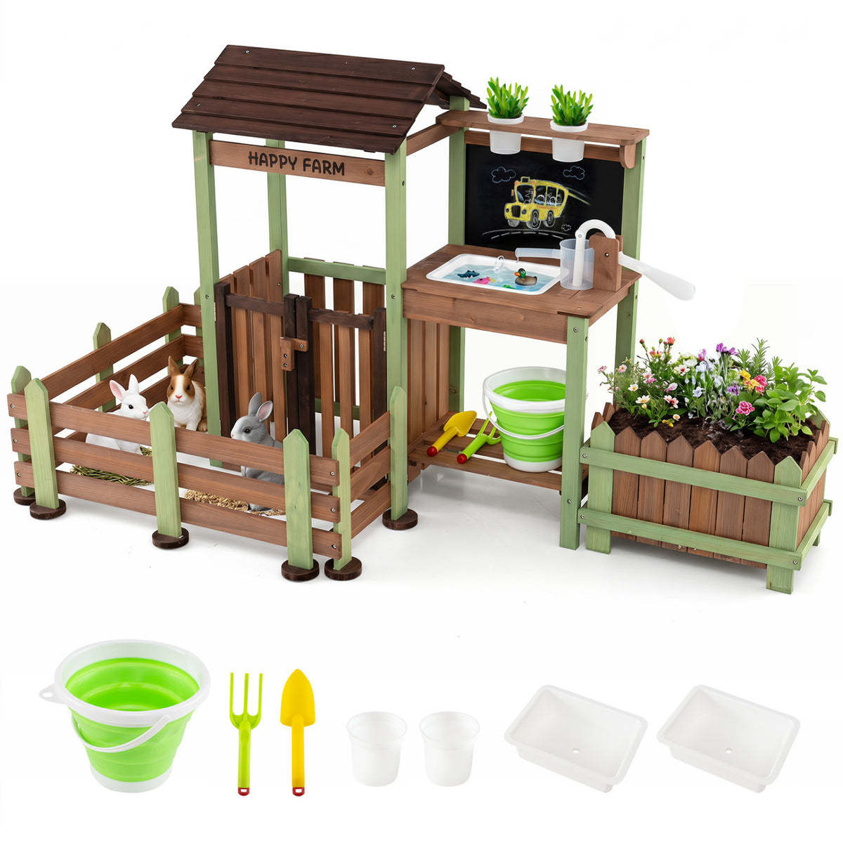 Fir Wood Mud Farm Playset with Planter Box Lockable Yard and Faucet for 3+ Kids