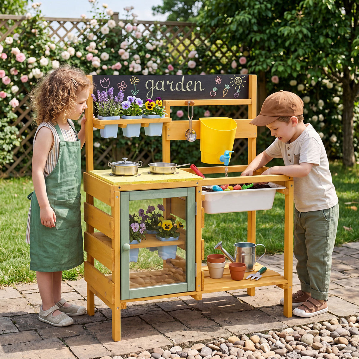Wooden Mud Kitchen for Toddlers with Faucet and Water Tank-Yellow