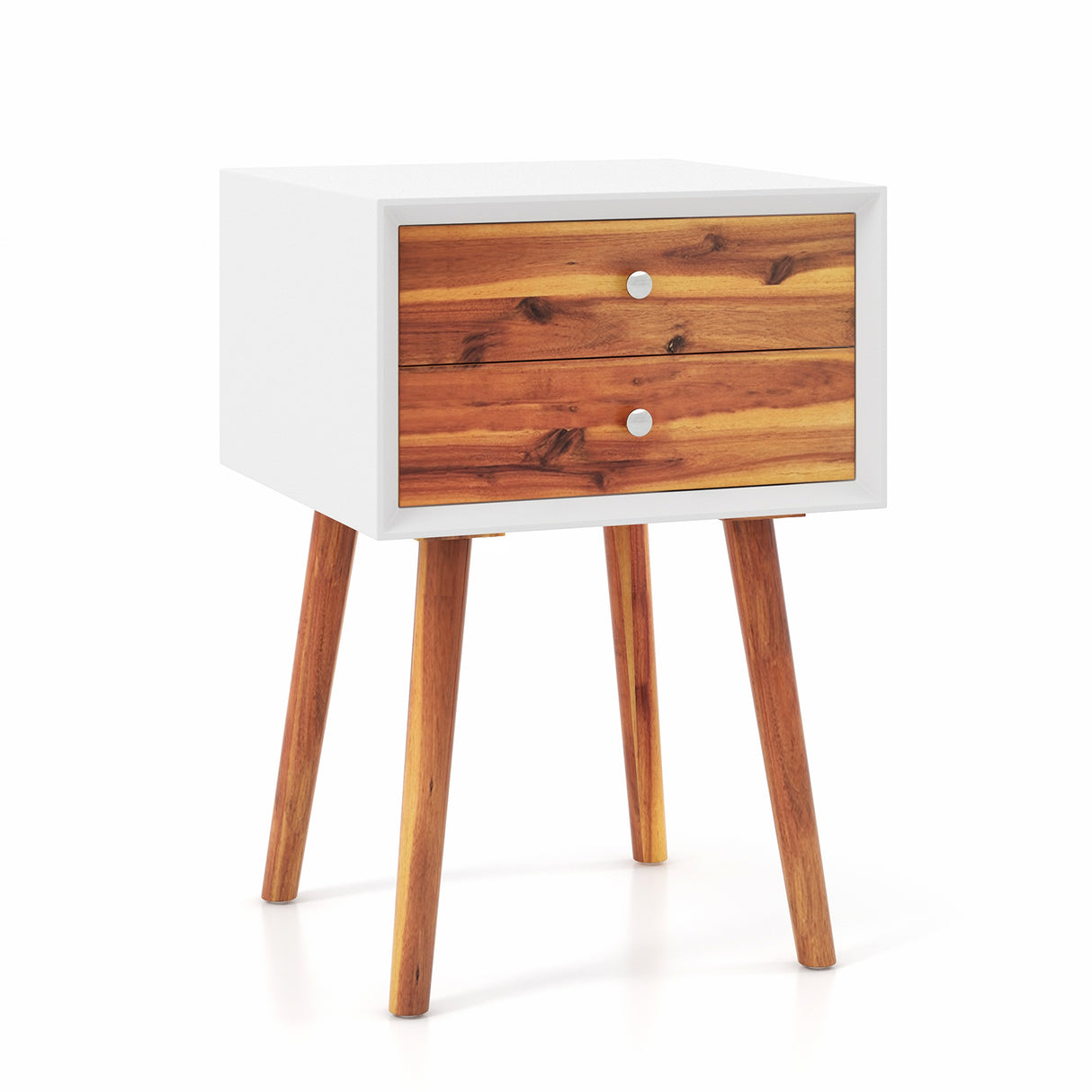Wooden Nightstand Mid-Century End Side Table with 2 Storage Drawers-Brown