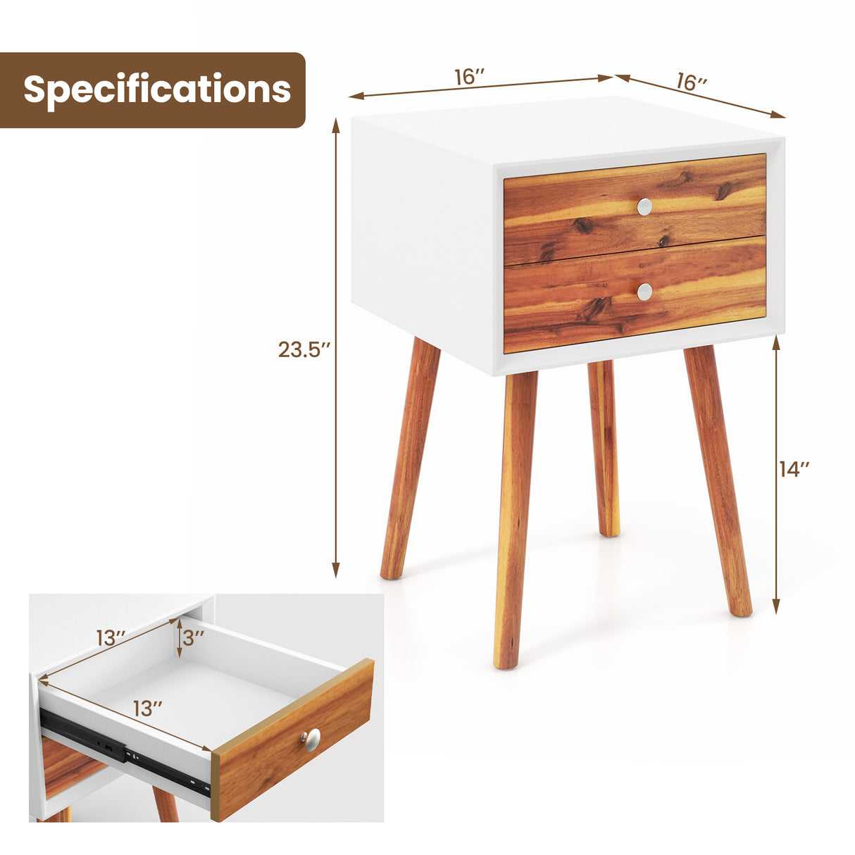 Wooden Nightstand Mid-Century End Side Table with 2 Storage Drawers-Brown