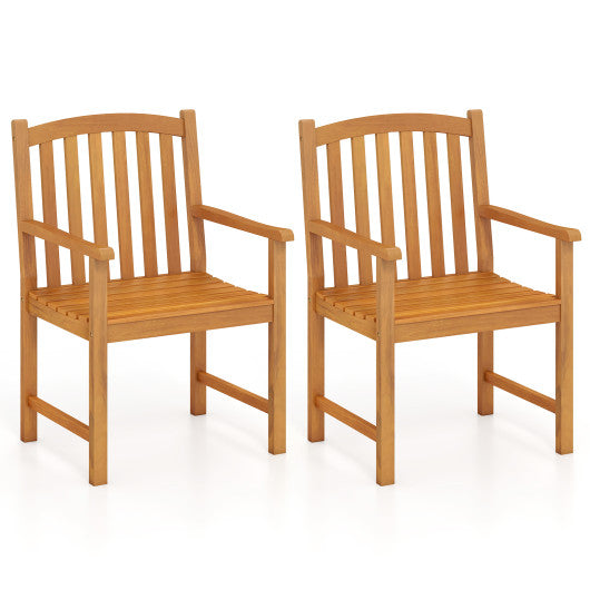 Solid Acacia Wood Patio Chairs Set of 2 with Slatted Seat and Inclined Backrest for Porch