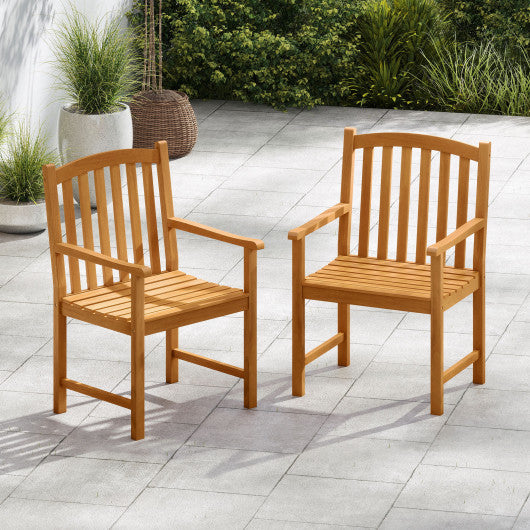 Solid Acacia Wood Patio Chairs Set of 2 with Slatted Seat and Inclined Backrest for Porch