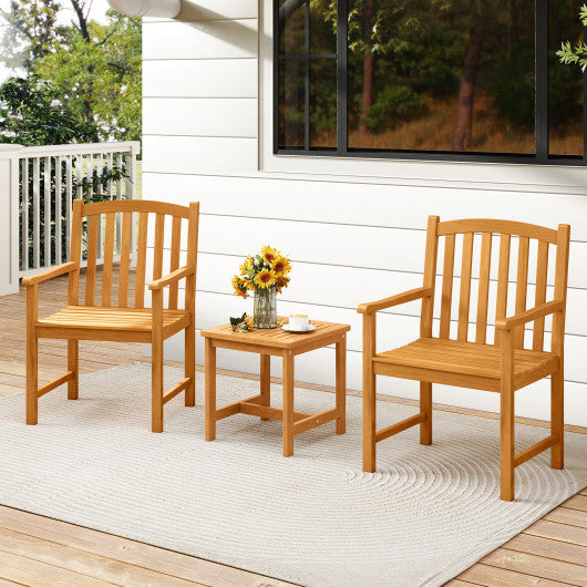 Solid Acacia Wood Patio Chairs Set of 2 with Slatted Seat and Inclined Backrest for Porch