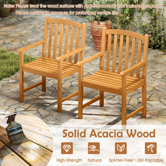 Solid Acacia Wood Patio Chairs Set of 2 with Slatted Seat and Inclined Backrest for Porch