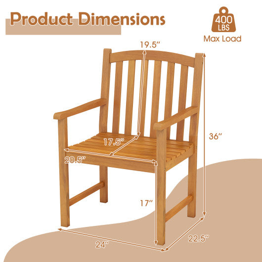 Solid Acacia Wood Patio Chairs Set of 2 with Slatted Seat and Inclined Backrest for Porch