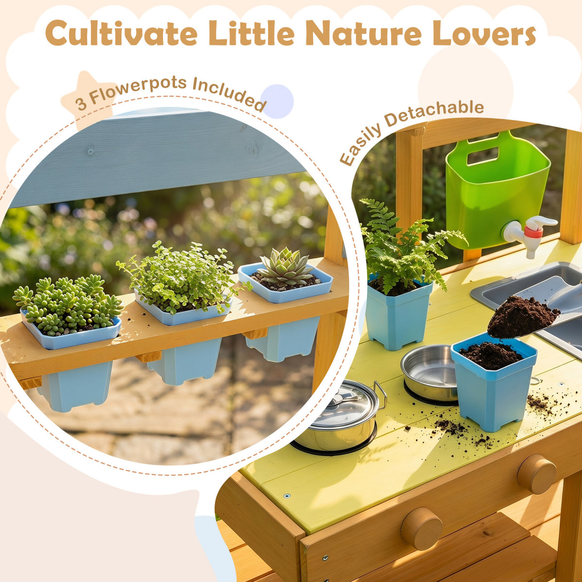 Wooden Outdoor Mud Kitchen for Kids with Flowerpots and Wheels-Yellow