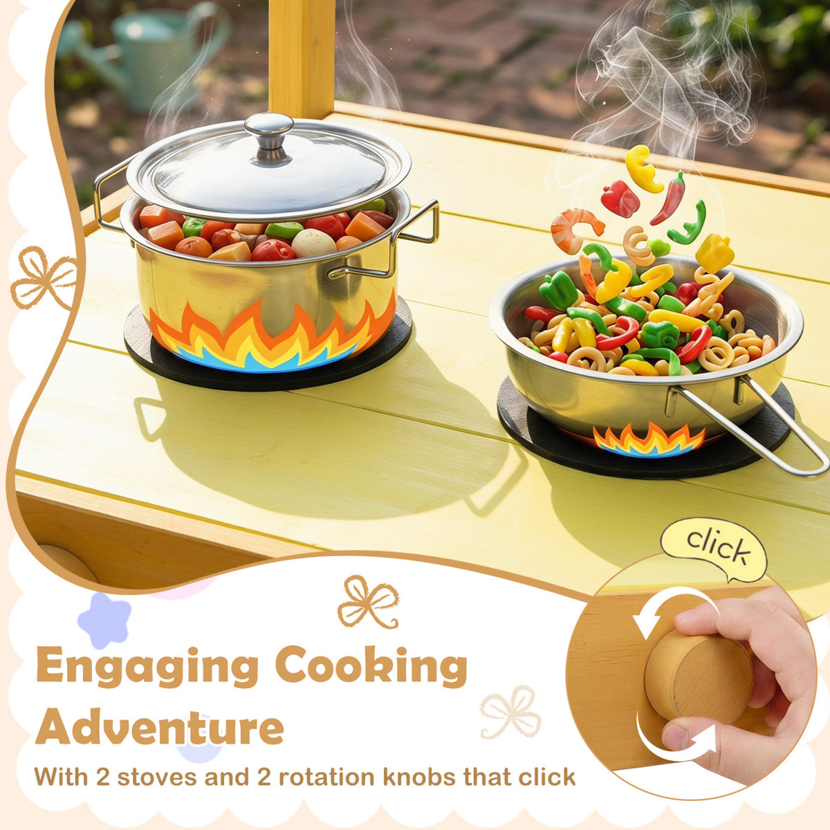 Wooden Outdoor Mud Kitchen for Kids with Flowerpots and Wheels-Yellow