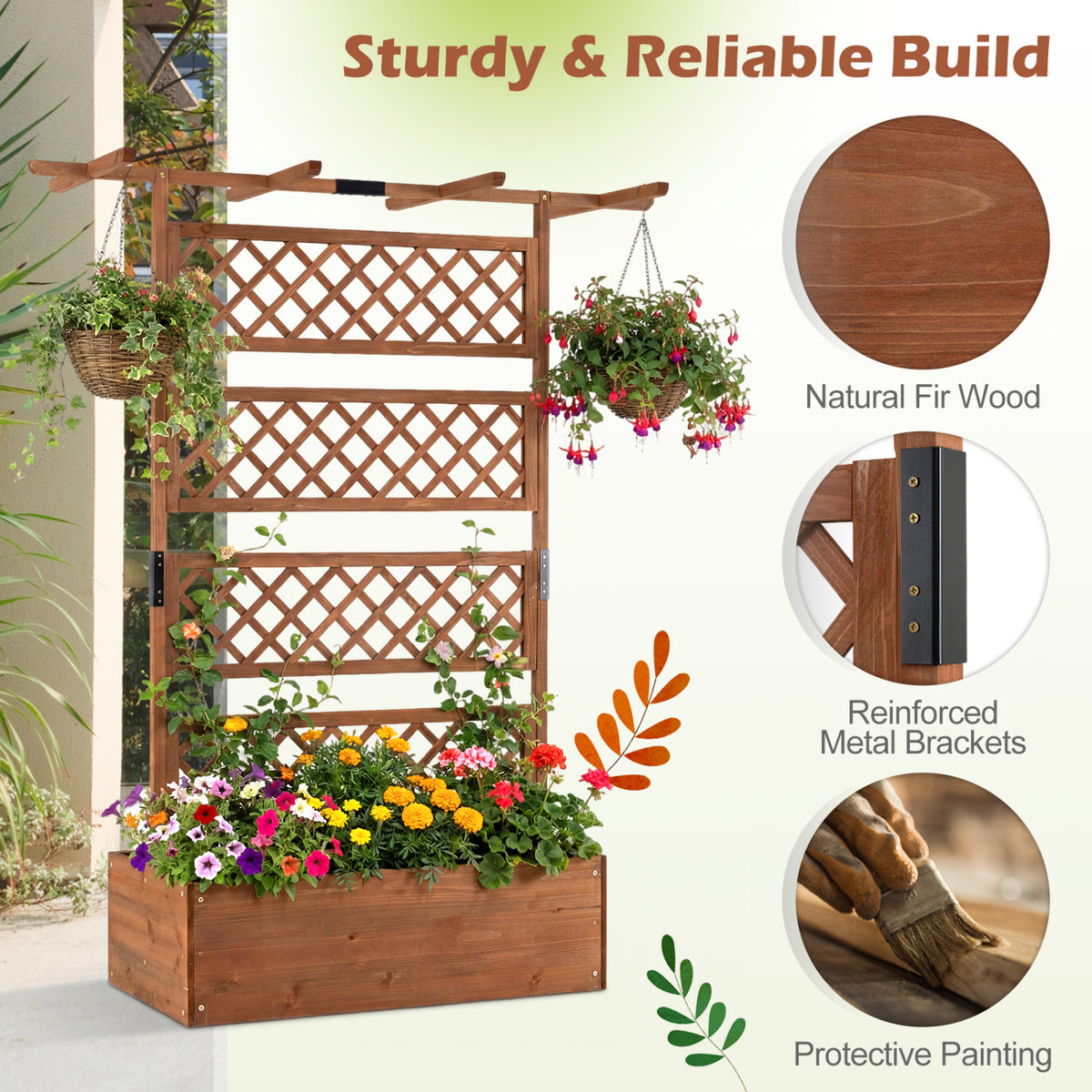 Wooden Planter Box with Lattice Trellis Raised Garden Bed Privacy Screen with Flat Roof-Brown