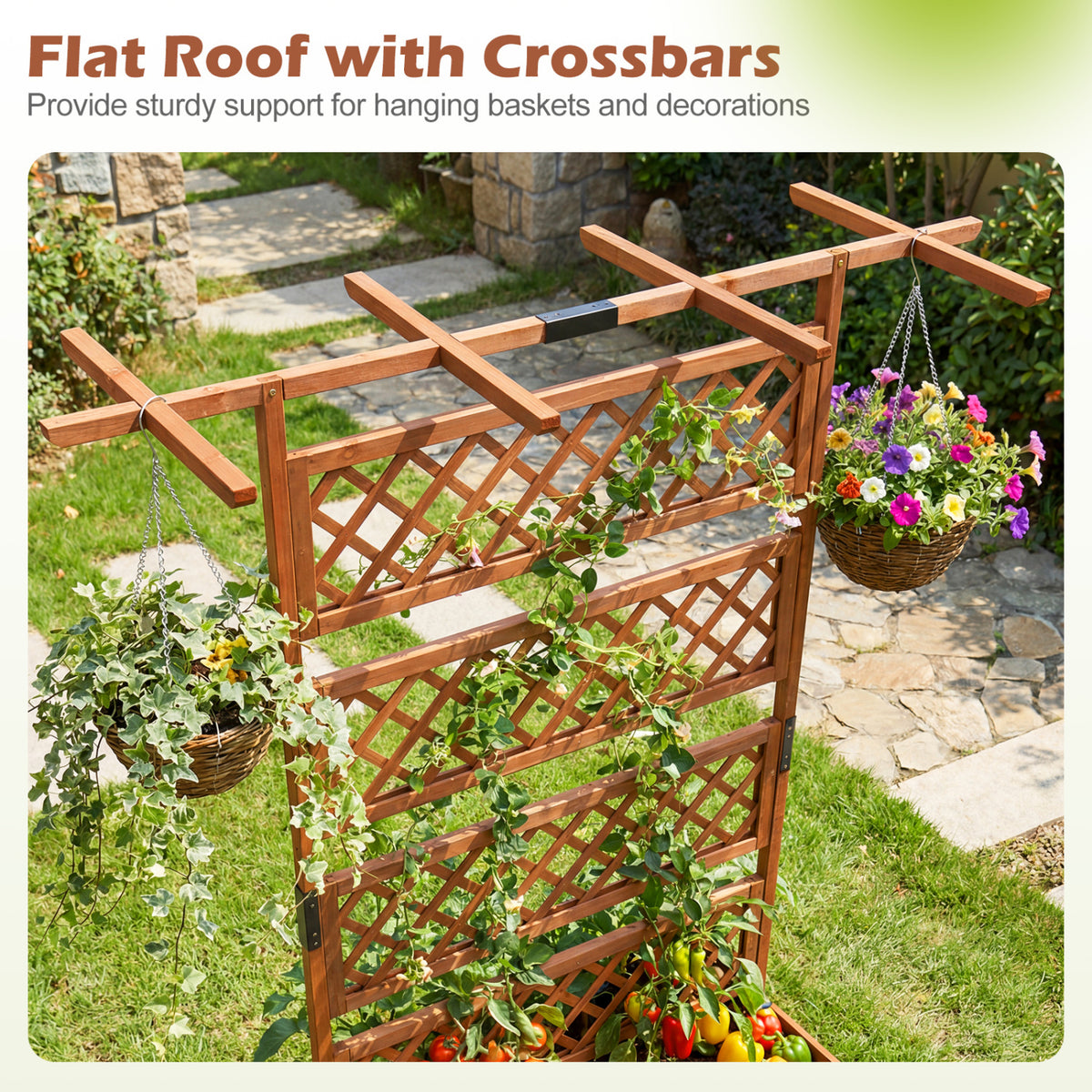 Wooden Planter Box with Lattice Trellis Raised Garden Bed Privacy Screen with Flat Roof-Brown