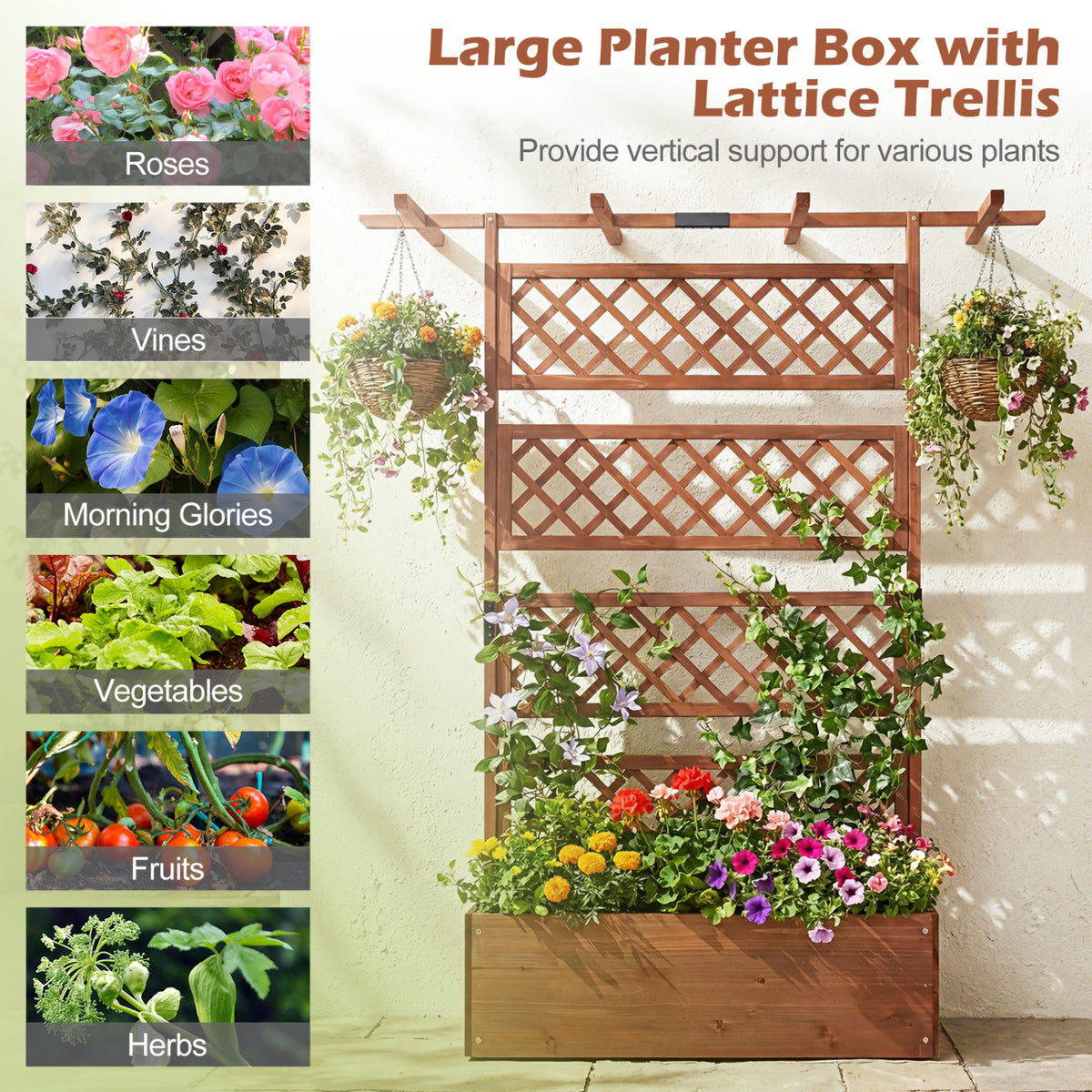 Wooden Planter Box with Lattice Trellis Raised Garden Bed Privacy Screen with Flat Roof-Brown