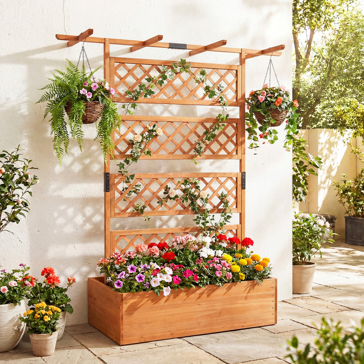 Wooden Planter Box with Lattice Trellis Raised Garden Bed Privacy Screen with Flat Roof-Orange