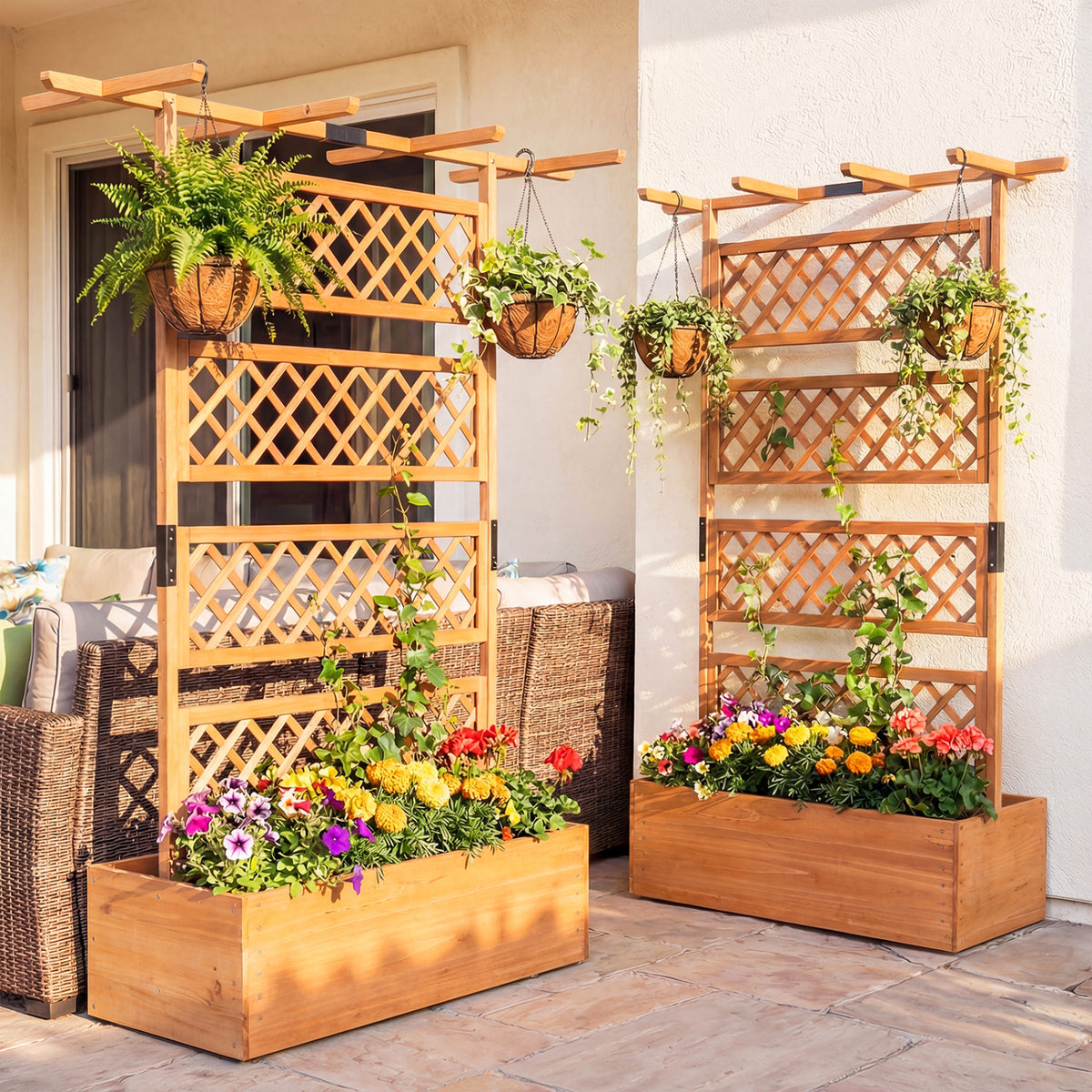 Wooden Planter Box with Lattice Trellis Raised Garden Bed Privacy Screen with Flat Roof-Orange
