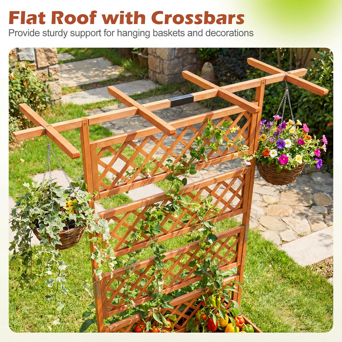 Wooden Planter Box with Lattice Trellis Raised Garden Bed Privacy Screen with Flat Roof-Orange