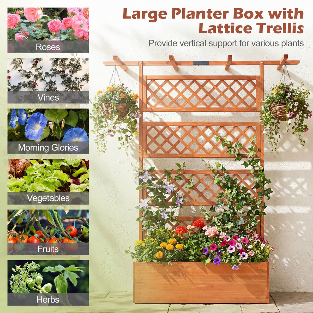 Wooden Planter Box with Lattice Trellis Raised Garden Bed Privacy Screen with Flat Roof-Orange