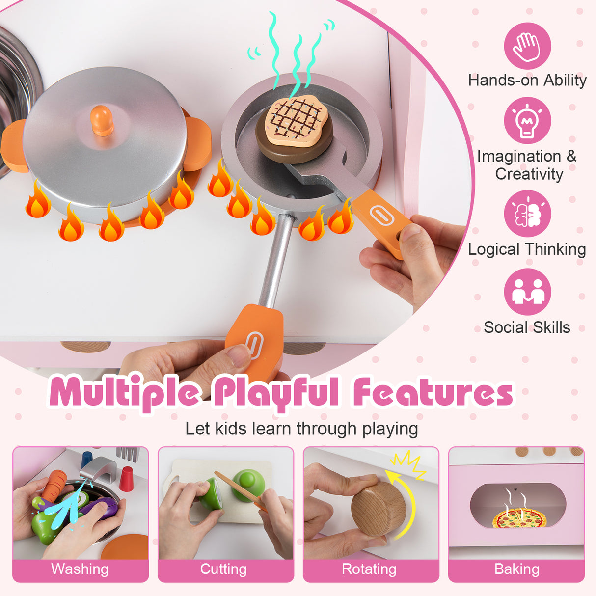 Wooden Play Kitchen for Kids Pretend Play Toy Kitchen Set with Clock Gift for Boys and Girls 3 +Pink