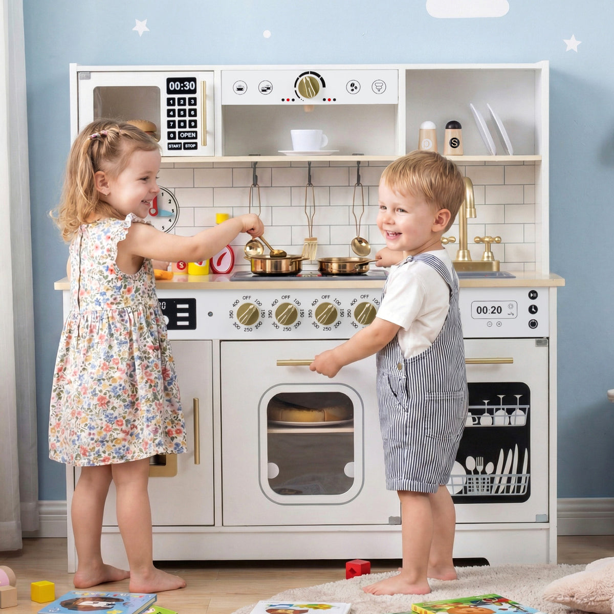 Wooden Play Kitchen for Kids with Realistic Lights and Sounds-White