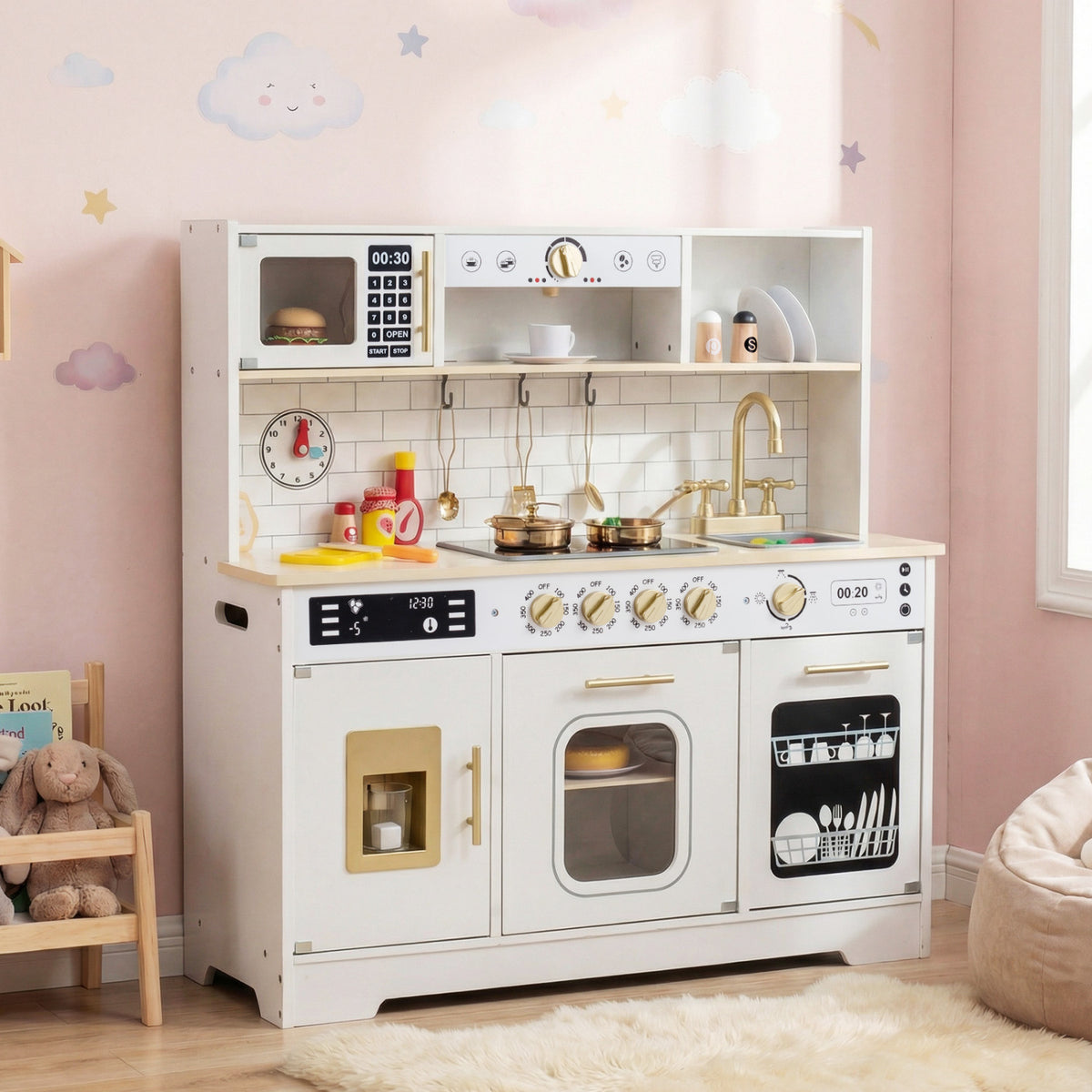 Wooden Play Kitchen for Kids with Realistic Lights and Sounds-White