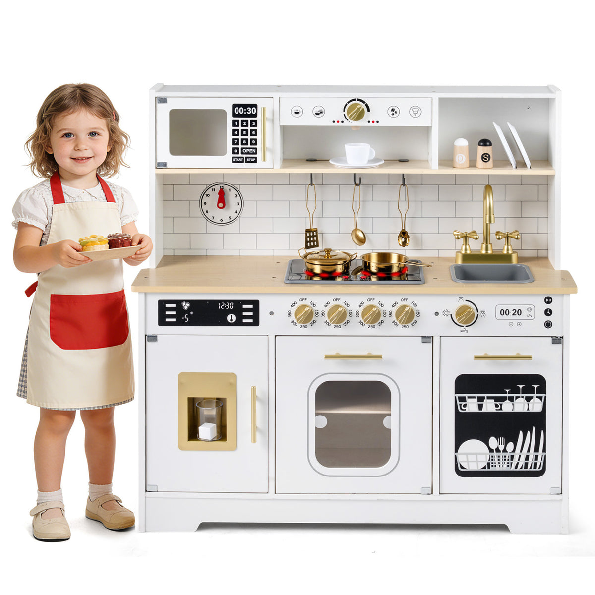 Wooden Play Kitchen for Kids with Realistic Lights and Sounds-White