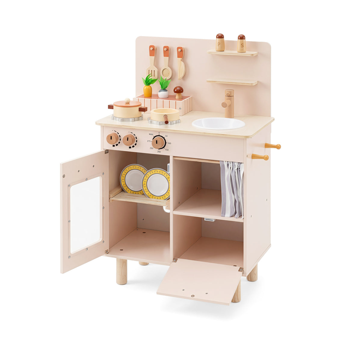 Wooden Play Kitchen for Kids Toddler Kitchen Playset with Stoves Faucet Sink-Beige
