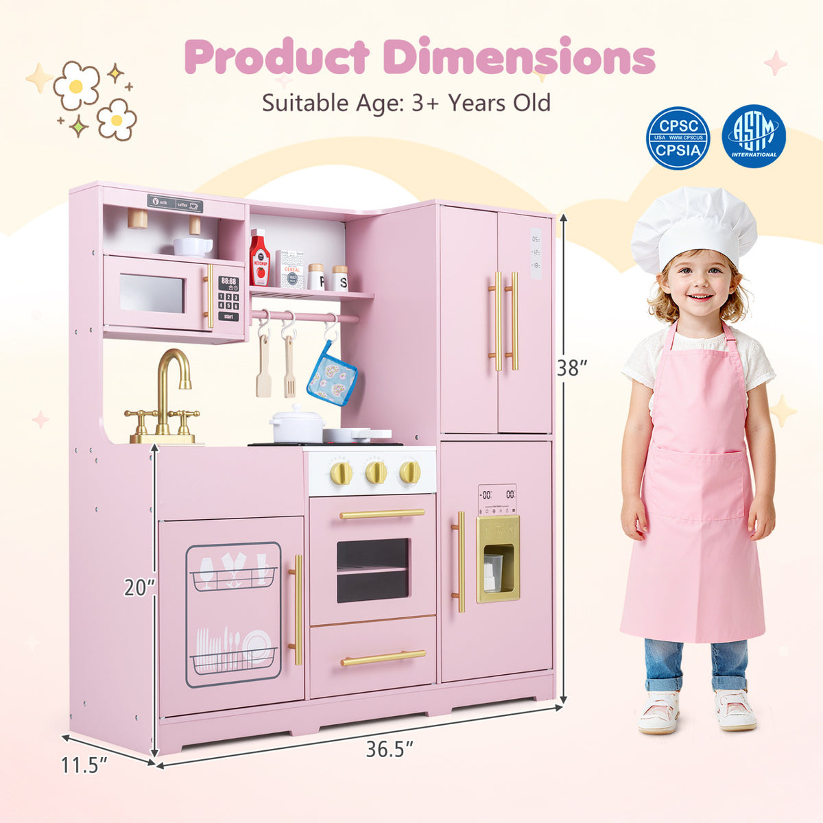 Wooden Play Kitchen with Lights & Sounds and Sink Stove Oven for Kids Ages 3+-Pink