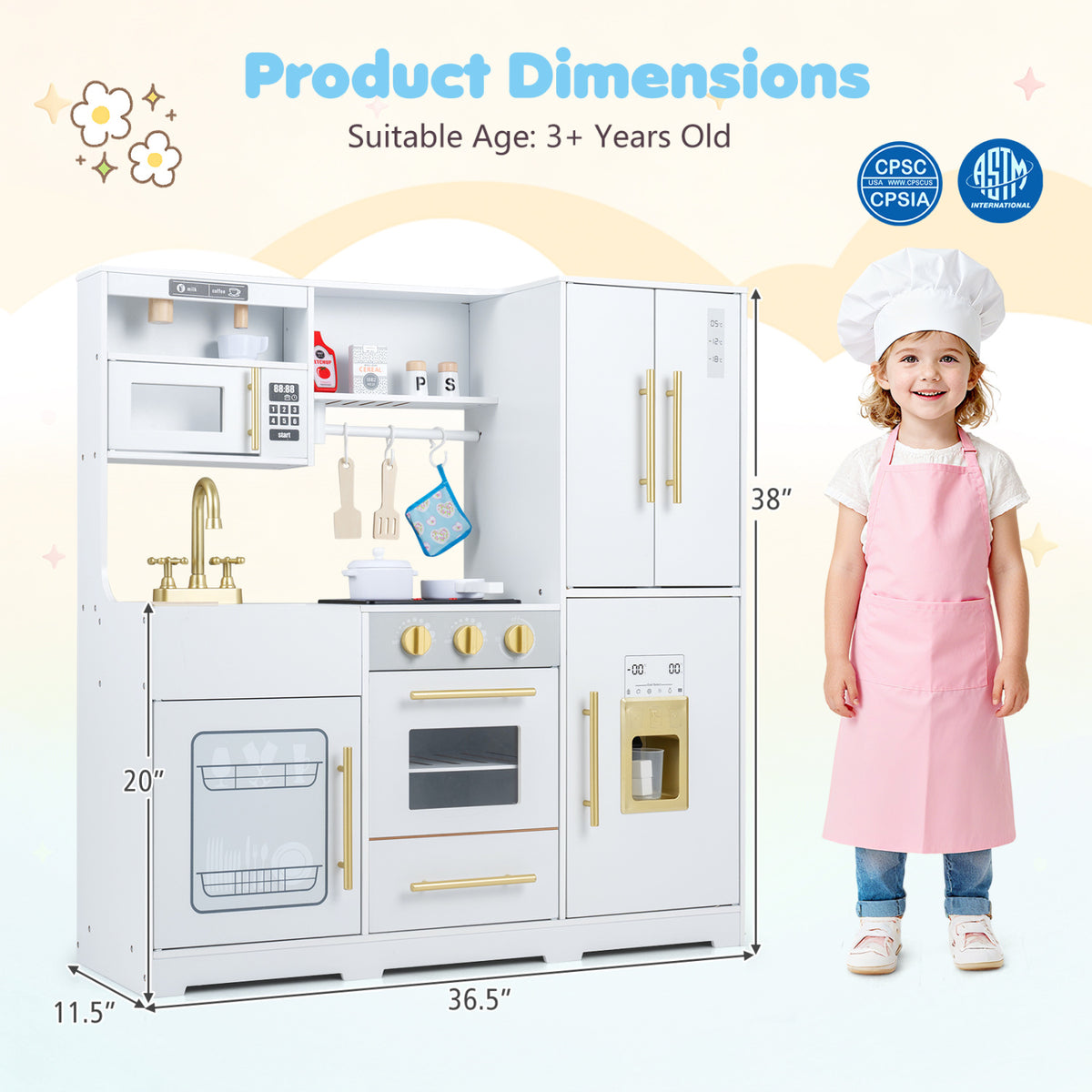 Wooden Play Kitchen with Lights & Sounds and Sink Stove Oven for Kids Ages 3+-White