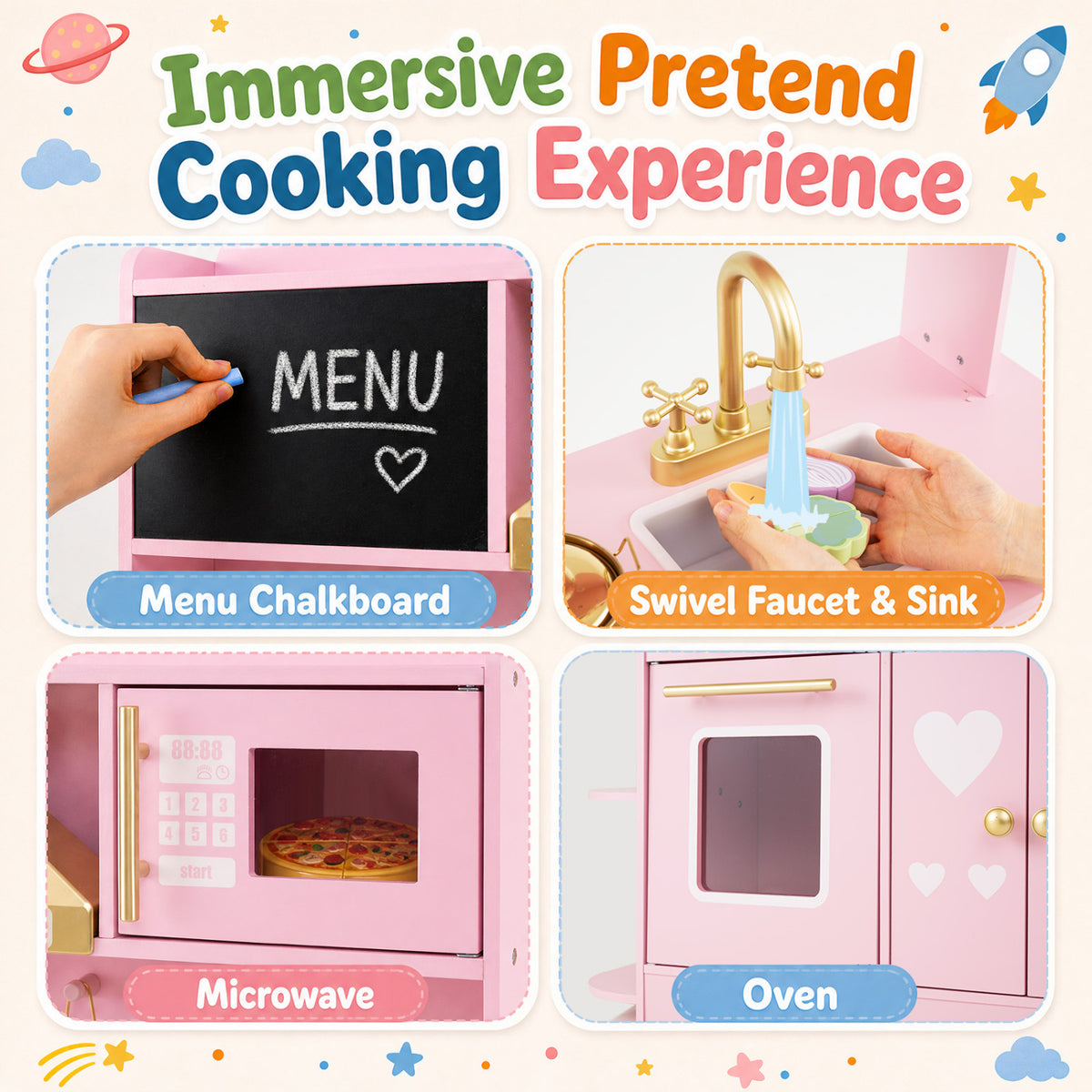 Wooden Play Kitchen with Lights & Sounds and Stove Oven for Toddlers Ages 3+-Pink