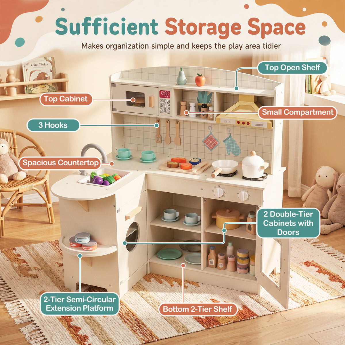 Wooden Play Kitchen with Lights & Sounds and Stove Microwave Sink for Ages 3+-White