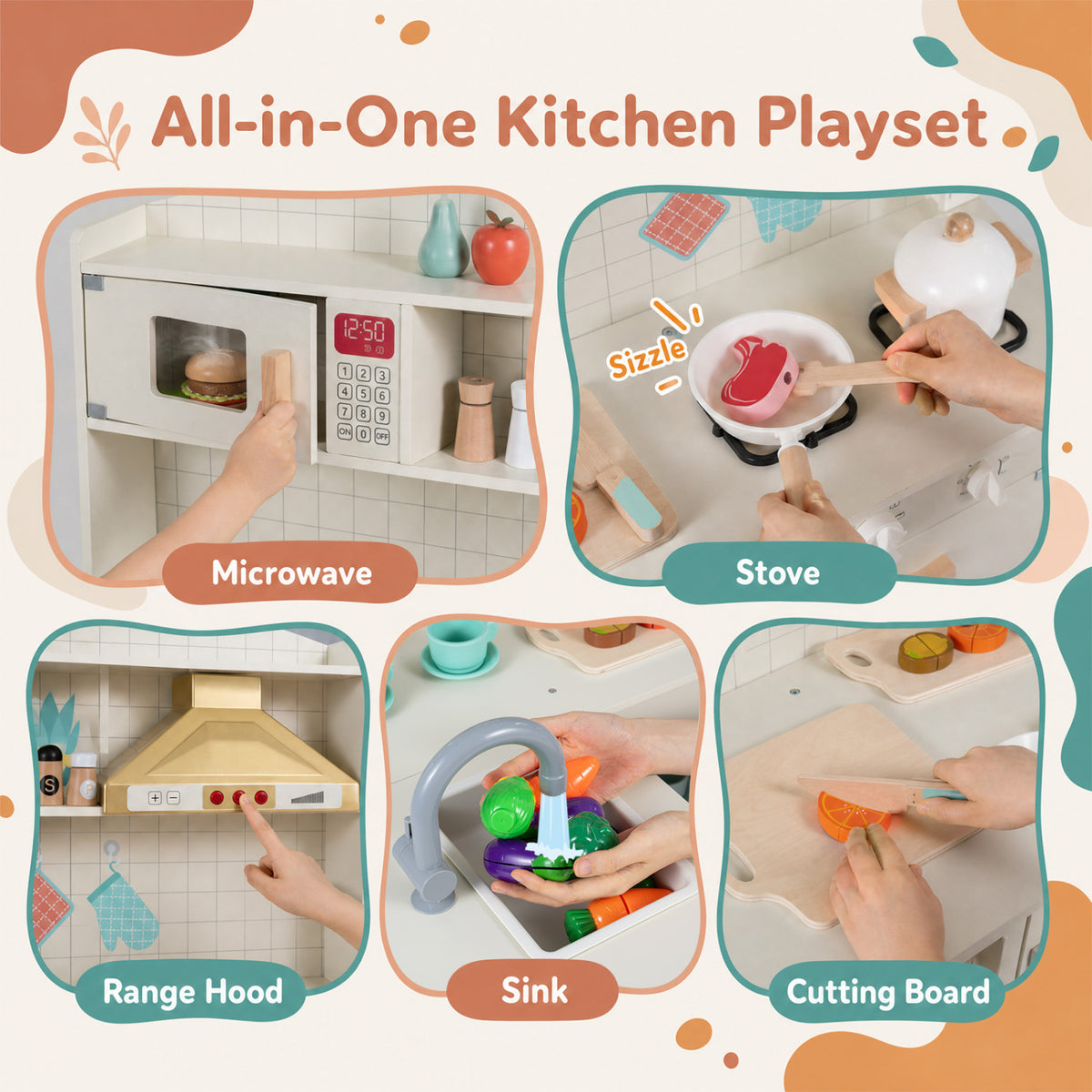 Wooden Play Kitchen with Lights & Sounds and Stove Microwave Sink for Ages 3+-White