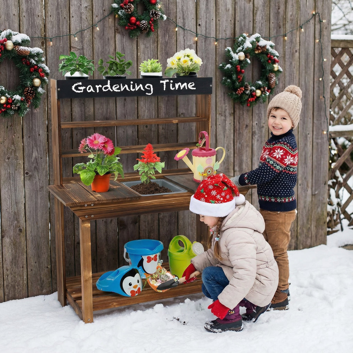 Wooden Potting Bench Table Outdoor Mud Kitchen with Solid Fir Wood Frame-Natural